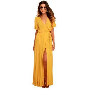 NWT Lulus Much Obliged Golden Yellow Wrap Maxi Dress